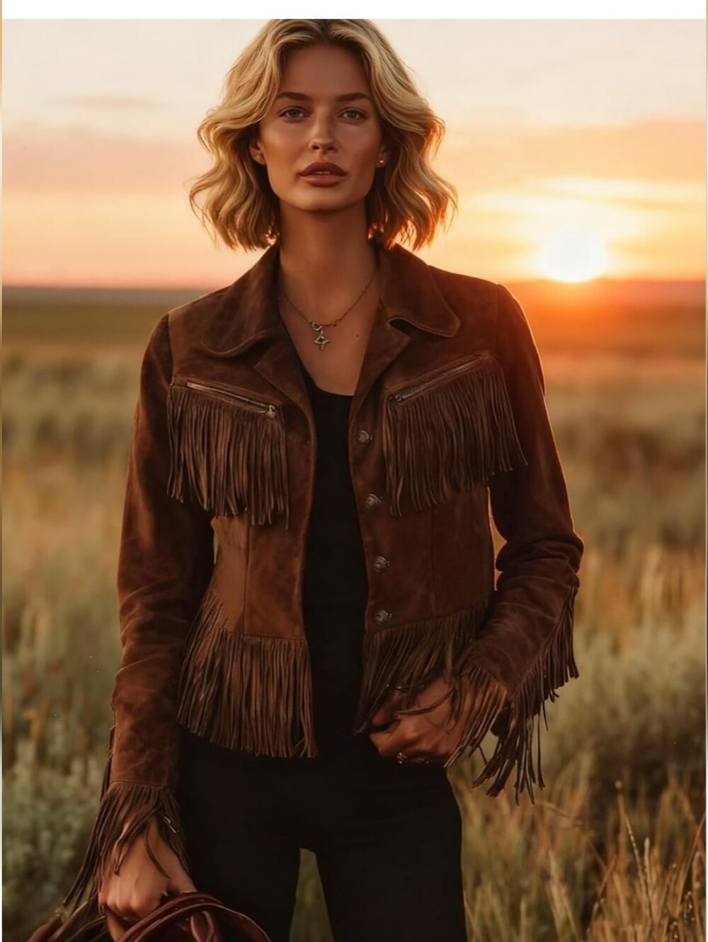 Brown Faux Suede Fringe Jacket - Women's Western Style Coat #101 - Picture 6 of 7